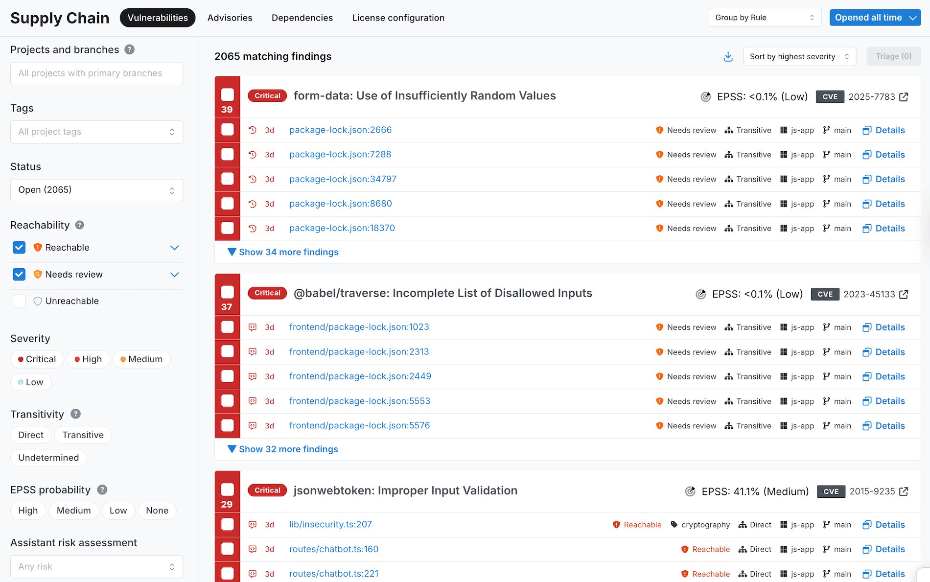 Semgrep Supply Chain Vulnerabilities page