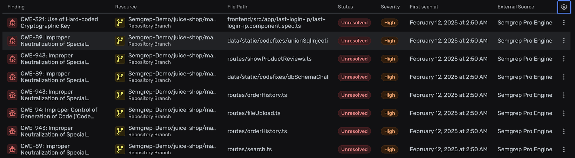 A list of Semgrep findings in Wiz