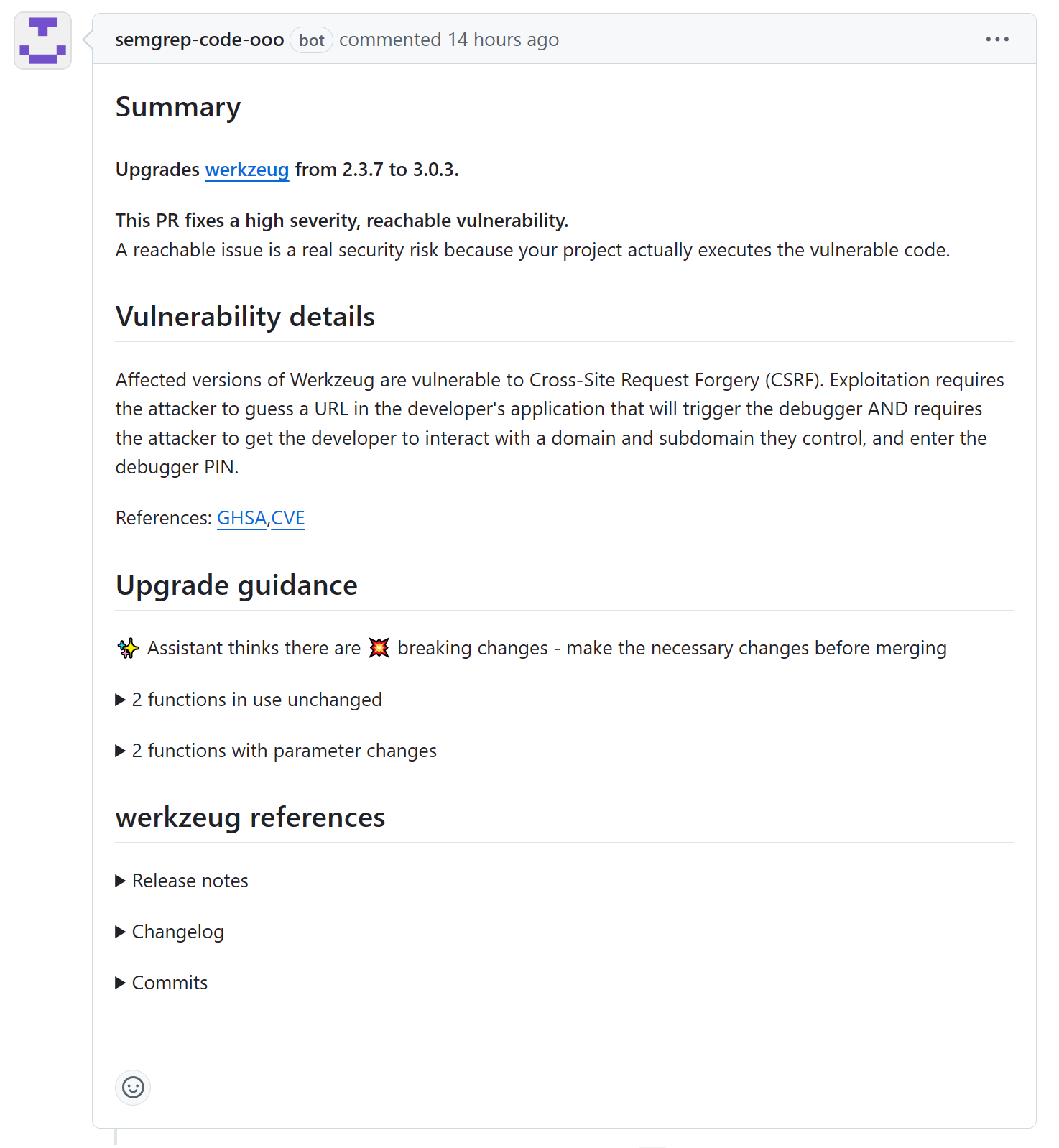 PR comment with upgrade guidance